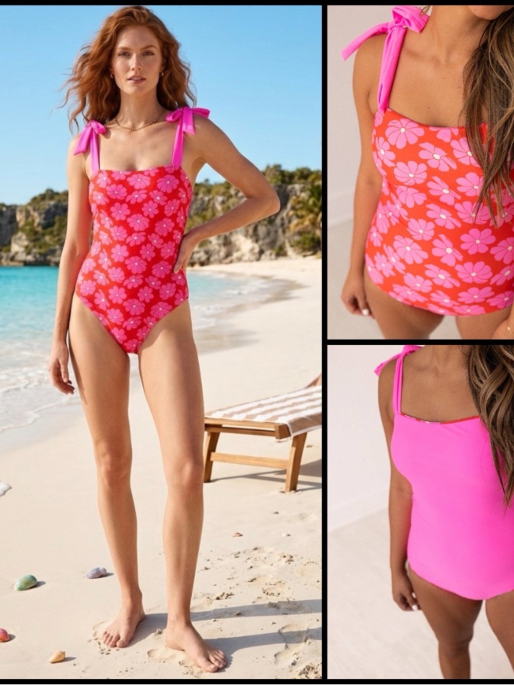 Grace+Emma Reversible Pink & Floral One Piece Bathing Suit Beach Resort Retro L